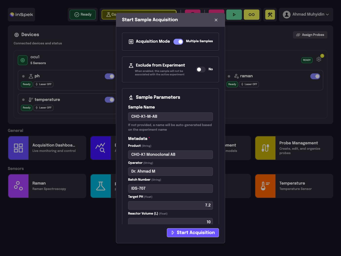 OCU — form sampel akuisisi (tampilan eksperimen)
