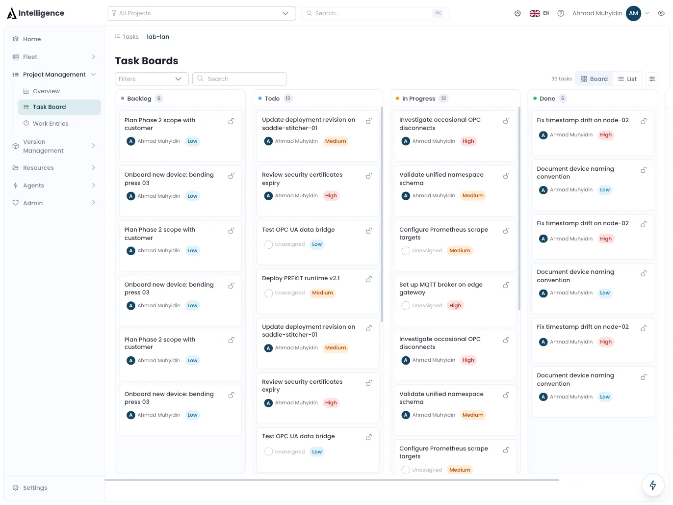 Intelligence — project management task board