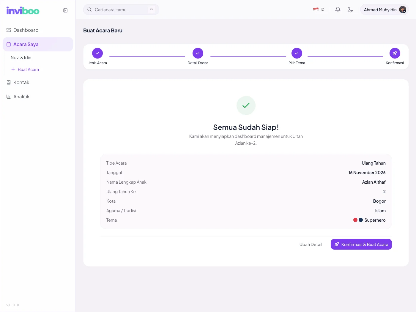 Buat acara — langkah konfirmasi