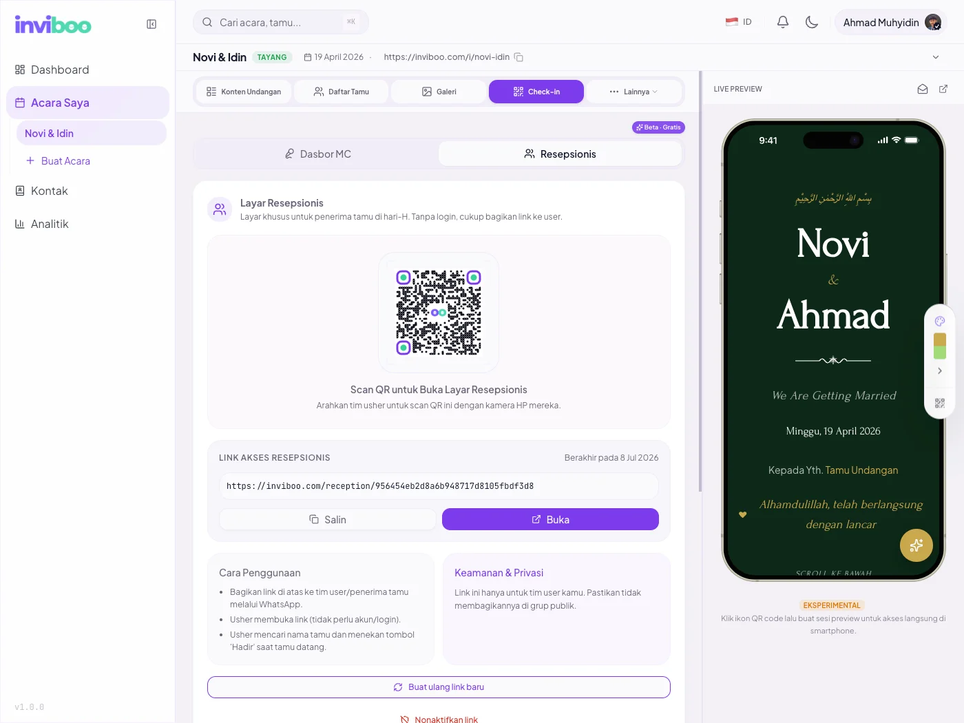 Dashboard check-in resepsionis